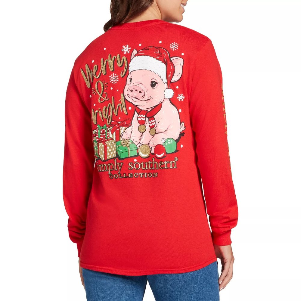 Women's Simply Southern Long Sleeve Shirt Small Christmas Merry & Bright Pig NEW